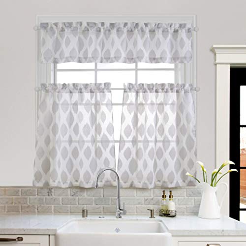 Product Cover MYSKY HOME Fashion 3 Pieces Jacquard Kitchen Sheer Tier Curtains and Valance Set, Grey