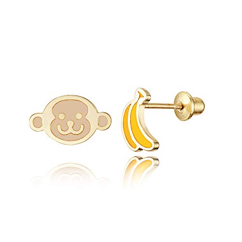 Product Cover 14k Gold Plated Enamel Monkey Banana Baby Girls Earrings with Sterling Silver Post