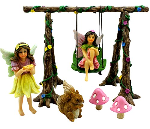 Product Cover PRETMANNS Fairy Garden Accessories - Miniature Fairies & Fairy Swing Set with Squirrel & Mushrooms - Fairy Garden Supplies 9 Pieces