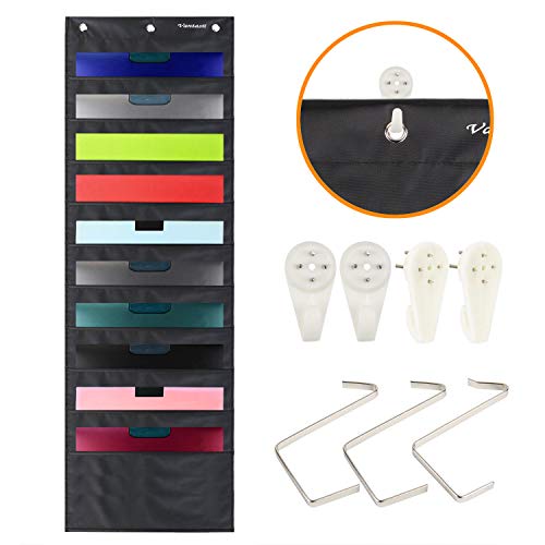Product Cover Storage Pocket Chart, Wall Hanging File Organizer Folder with 10 Large Pockets for Office, Home, School, Studio, etc. 14 X 47 inch, Black, 3 Hangers and 4 Hooks