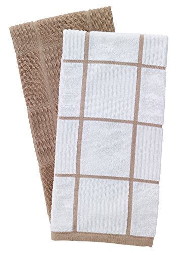 Product Cover T-Fal Textiles 60959 2-Pack Solid & Check Parquet Design 100-Percent Cotton Kitchen Dish Towel, Sand, Solid/Check-2 Pack