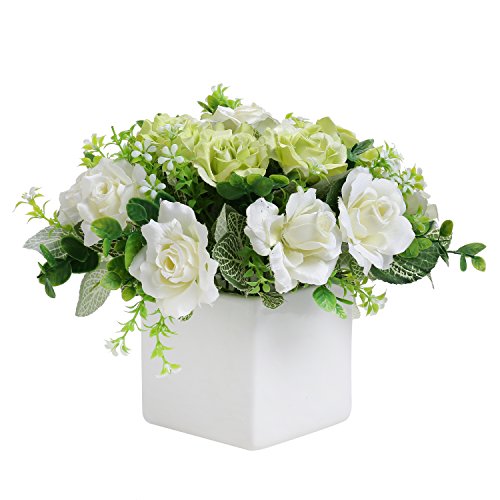 Product Cover MyGift Decorative Artificial Ivory Rose Floral Arrangement in Square White Ceramic Vase