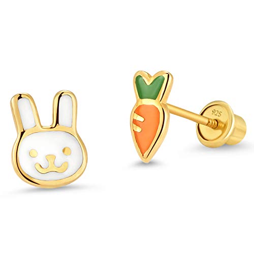Product Cover 14k Gold Plated Enamel Rabit Carrot Baby Girls Earrings with Sterling Silver Post