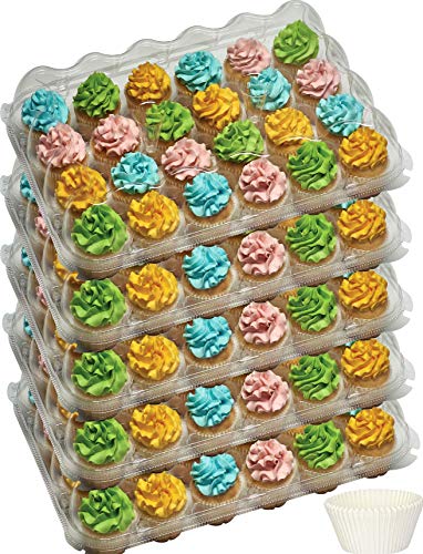 Product Cover 24 Compartment cupcake containers plastic disposable Cupcake Boxes muffin carrier - Great for high topping - 5 pc. - 24 slot each - Plus White standard size baking cups.