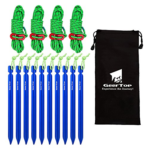 Product Cover GEERTOP 10 Pack Camping Tent Stakes Aluminum + 4 Pack 4mm Reflactive Tent Guy Lines with Tensioner Ultralight Tent Cord and Stakes for Hiking Hunting Outdoor Activity Blue