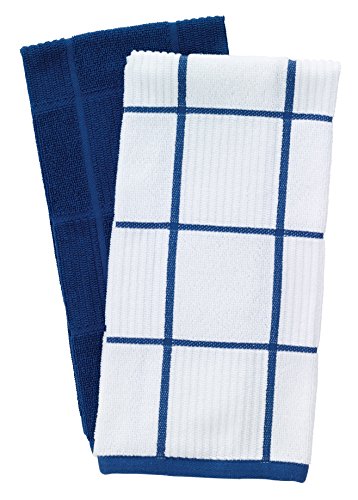 Product Cover T-Fal Textiles 60918 2-Pack Solid & Check Parquet Design 100-Percent Cotton Kitchen Dish Towel, Blue, Solid/Check-2 Pack