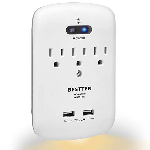 Product Cover BESTTEN USB Wall Outlet Surge Protector with Night Light, 2.4A Dual USB Ports, Photocell LED Guidelight, 3 AC Outlets, 15A/125V/1875W, 900 Joule Surge Suppression Rating