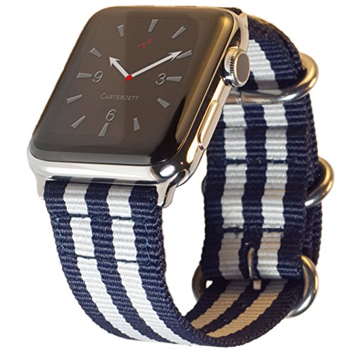 Product Cover Carterjett Compatible with Apple Watch Band 42mm 44mm Women Men Replacement iWatch Bands Nylon Canvas Strap Steel Hardware Edition Sport for Series 5 4 3 2 1 (42 44 S/M/L Blue/White)