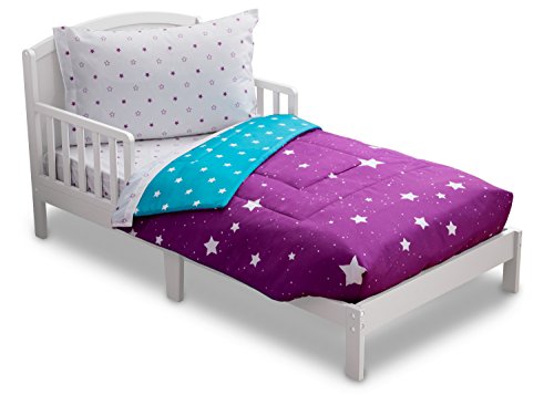 Product Cover Toddler Bedding Set | Girls 4 Piece Collection | Fitted Sheet, Flat Top Sheet w/ Elastic bottom, Fitted Comforter w/ Elastic bottom, Pillowcase | Delta Children | Girls Starry Night | Purple Stars