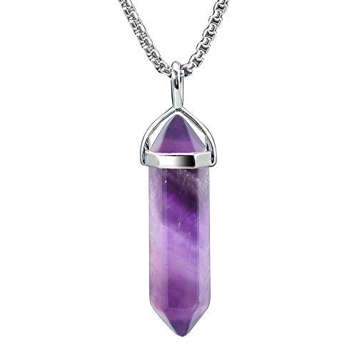 Product Cover BEADNOVA Amethyst Necklace Gemstone Crystal Necklace for Women Healing Stone pendant Jewelry for Men Pendulum Divination Purple Crystal Hexagonal pendant (18 Inches Stainless Steel Chain)