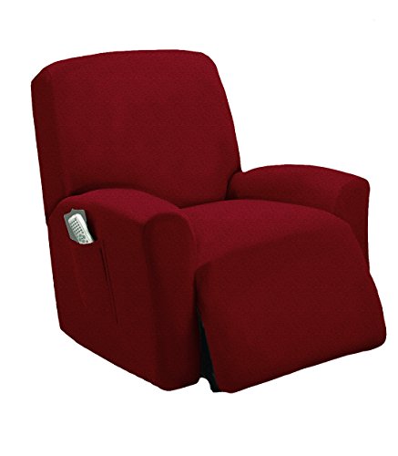 Product Cover Golden Linens One piece Stretch Recliner Chair Furniture Slipcovers with Remote Pocket Fit most Recliner Chairs (Burgundy)