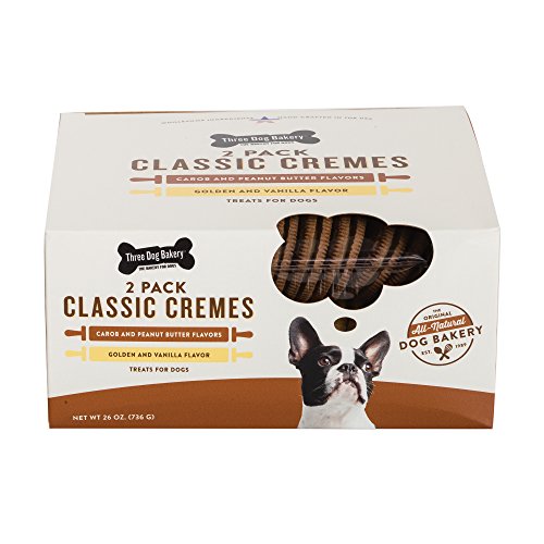 Product Cover Three Dog Bakery Classic Cremes Baked Dog Treats, Carob With Peanut Butter & Golden With Vanilla, 26 Oz