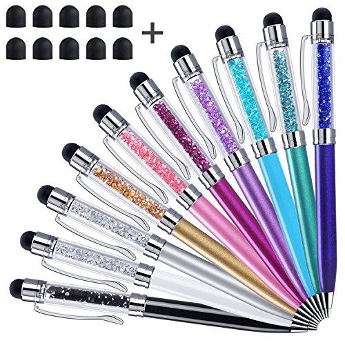Product Cover Stylus Pens, ChaoQ 10 Pcs 5.0 Inches 2 in 1 Crystal Stylus and Ballpoint Pen for iPhone, iPad, Kindle Fire All Capacitive Touch Screen Devices, with 10 Extras Replaceable Rubber Tips