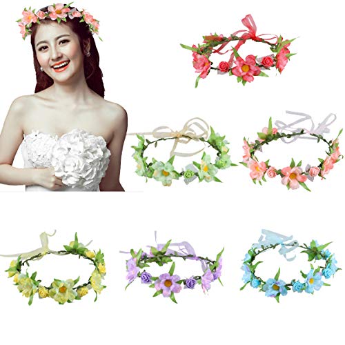 Product Cover 6Pcs Adjustable Floral Headbands with Elastic Ribbon Flowers Crown Garland Women Girls Teens Headpiece for Party Wedding Beach Festival