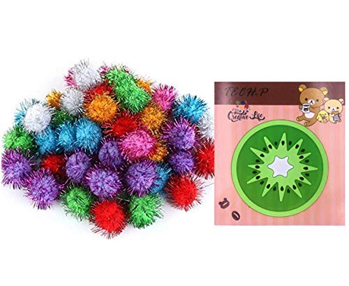 Product Cover TECH-P® Arts Craft Pom Poms Glitter Poms Sparkle Balls- Assorted Color (1.5 Inch with Glitter Tinsel- 100 Pack) With1 PCS TECH-P Coaster