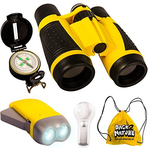 Product Cover Outdoor Adventure Toy Set - Kids Binoculars, Compass, Flashlight, Magnifying Glass. Children Explorer Kit for Camping, Safari, Backyard Play. Nature Exploration for Boys and Girls Ages 3 to 10