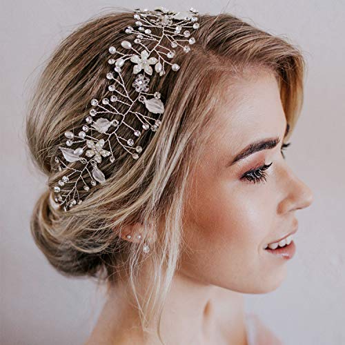 Product Cover SWEETV Wedding Headband Silver Bohemian Headpiece Crystal Pearl Hair Vine Flower Halo Bridal Hair Accessories