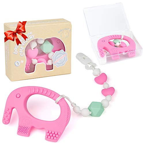 Product Cover Teething Toys for Babies 6-12 Months - Bpa Free Silicone Teether for Baby Girl - Easy to Hold, Soft and Highly Effective Elephant Teethers Toy with Clip Pacifier Holder Best Valentines Day Gift