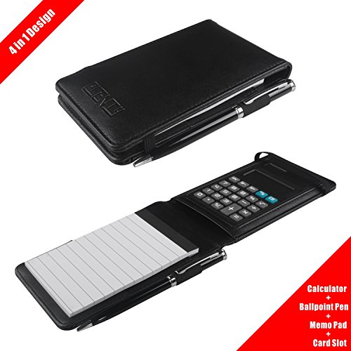 Product Cover PLENTY Deluxe Leather Pocket Notebook Cover Jotter Organizer Memo Pad Holder with Calculator, 50 Pages Note Paper, Pen and Business Card Slot
