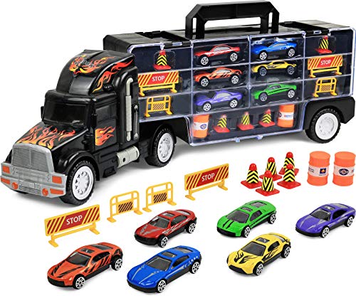 Product Cover Click N' Play Transport Car Carrier Truck, Loaded with Cars, Road Signs & More. Holdup To 28 Cars. Jumbo 22