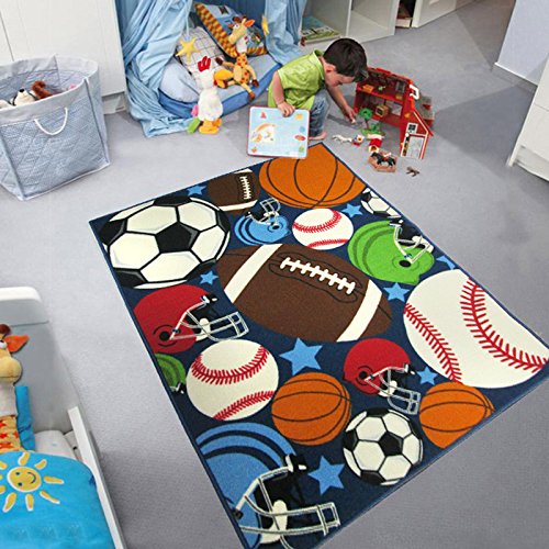 Product Cover HUAHOO Blue Kids Rug Fun Sport Rugs Nylon Carpet Boys Girls Childrens Rug Balls Print with Soccer Ball, Basketball, Football, Tennis Ball Bedroom Playroom (100x130cm(39''x51''))