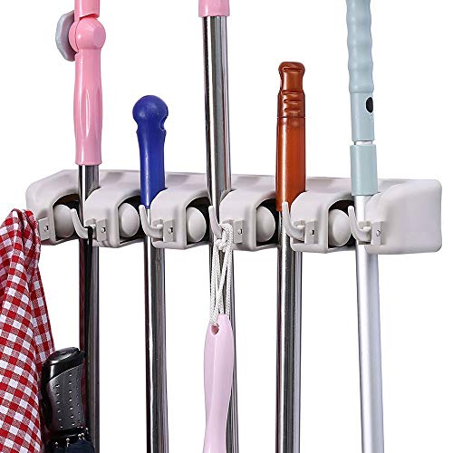 Product Cover ONMIER Mop and Broom Holder, Multipurpose Wall Mounted Organizer Storage Hooks, Ideal Tools Hanger for Kitchen Garden, Garage, laundry room (5 Position 6 Hooks)