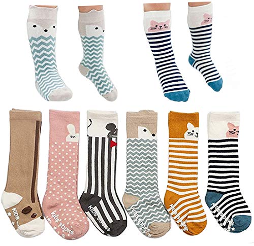 Product Cover 6 pairs non skid toddler socks baby boy girl socks with grid cotton knee high sock (M (2-4 Years))