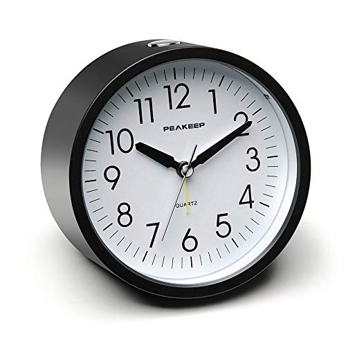 Product Cover Peakeep 4 inches Round Silent Analog Alarm Clock Non Ticking, Gentle Wake, Beep Sounds, Increasing Volume, Battery Operated Snooze and Light Functions, Easy Set (Black)