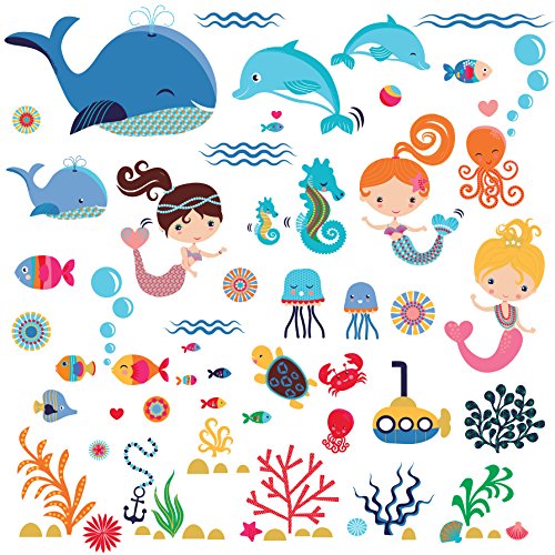 Product Cover Playful Mermaids Decorative Peel & Stick Wall Art Sticker Decals for Kids Room Girls Room Nursery