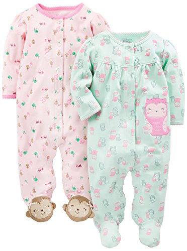 Product Cover Simple Joys by Carter's Baby Girls' 2-Pack Cotton Footed Sleep and Play, Owl/Monkey, 0-3 Months