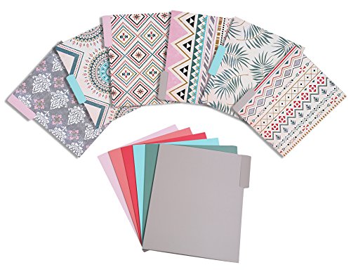 Product Cover Decorative File Folders - 12-Count Colored File Folders Letter Size, 1/3-Cut Tabs, Includes 6 Cute Bohemian Tribal Design and 6 Solid Colors, Office Supplies File Filing Organizers, 9.5 x 11.5 Inches
