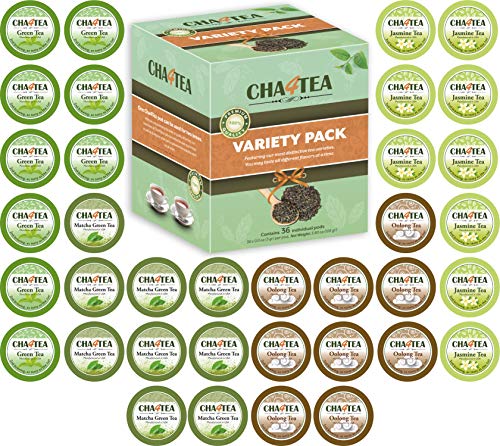 Product Cover Cha4TEA 36-Count Assorted Green Tea for Keurig K-Cup Brewers (Matcha Green Tea, Green Tea, Jasmine Green Tea, Oolong Green Tea)
