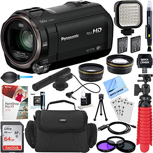 Product Cover Panasonic HC-V770K HD Camcorder with Mini Zoom Microphone + 64GB SDXC Memory Card + Gadget Bag + Corel PaintShop Pro X9 + Microfiber Cloth + Memory Card Wallet + Card Reader + Tripod & More