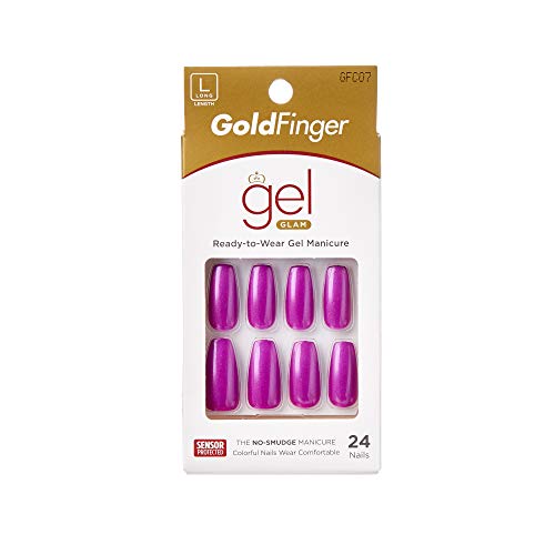 Product Cover Kiss Gold Finger Gel Glam Ready To Wear Gel Manicure 24 Nails with Glue Lavender color