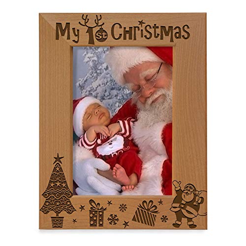 Product Cover KATE POSH My 1st Christmas Picture Frame, My First, Baby's 1st Christmas, New Baby, Santa & Me Engraved Natural Wood Photo Frame (5x7-Vertical - Classic)