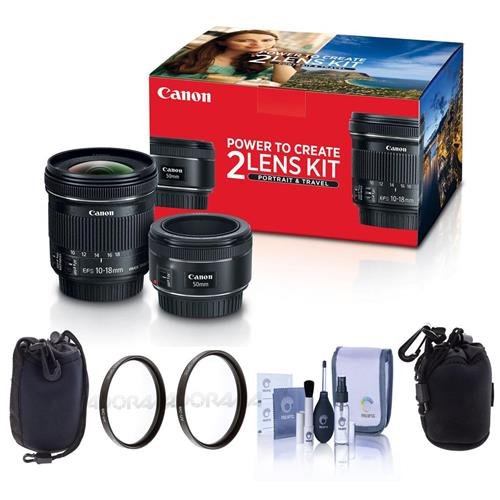 Product Cover Canon Portrait & Travel 2 Lens Kit - EF 50mm f/1.8 STM Lens & EF-S 10-18mm f/4.5-5.6 IS STM Lens - Bundle with 49mm/67mm Uv Filters, Small Lens Pouch, Medium Lens Pouch, Cleaning Kit