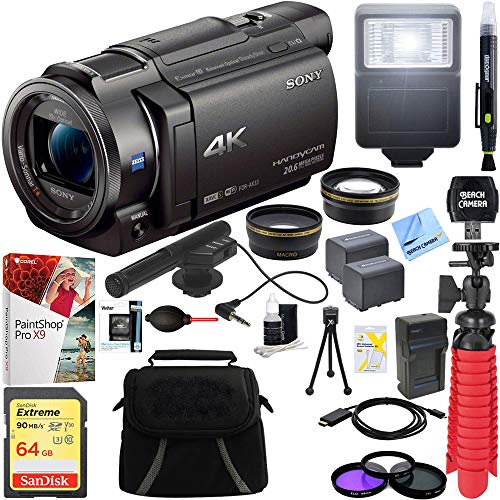 Product Cover Sony FDR-AX33/B - 4K Camcorder with Mini Zoom Microphone + 64GB SDXC Memory Card + 0.43x Wide Angle + 2.2x Telephoto Lens Converter + Carrying Case + Card Reader + Microfiber Cloth + Tripod+More