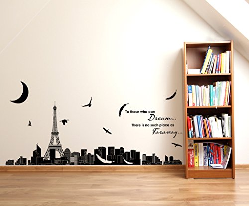 Product Cover Decals Design 'Dream Quote with Eiffel Tower Skyline Silhouette View' Wall Sticker (PVC Vinyl, 60 cm x 90 cm x 1 cm, Black)