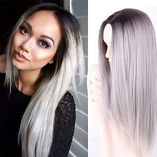 Product Cover AISI HAIR Synthetic Long Straight Grey Ombre Wigs Middle Part Wig Dark Brown Roots Silver Grey Wig Ombre Heat Resistant Fiber Two Tone Full Wigs for Women