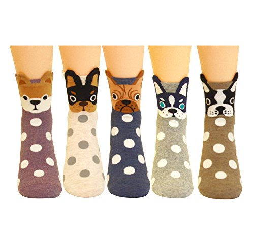 Product Cover 5 Pairs Women's Fun Socks Cute Dog Animals Funny Funky Novelty Cotton Gift (Dog and Dot),One Size