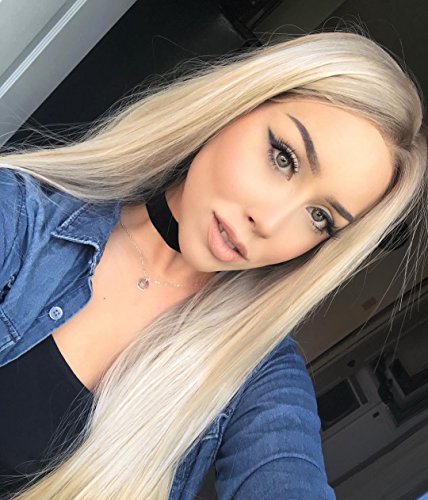 Product Cover K'ryssma Fashion Ombre Blonde Glueless Lace Front Wigs Dark Roots Side Part Long Natural Straight Heat Resistant Synthetic Hair Replacement Wig For Women Half Hand Tied 24inches (6/mixed blonde)