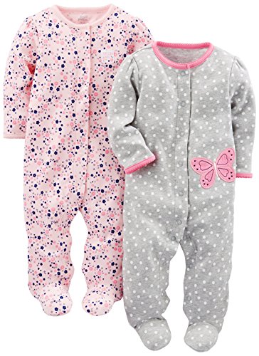 Product Cover Simple Joys by Carter's Baby Girls' 2-Pack Cotton Footed Sleep and Play, Gray Butterfly/Pink Floral, Newborn