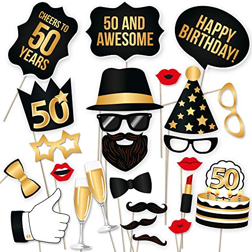 Product Cover 50th Birthday Photo Booth Props - Fabulous Fifty Party Decoration Supplies For Him &Her, Funny Fiftieth Bday Photobooth Backdrop Signs For Men And Women, Black And Gold Décor Ideas - 34 Pieces