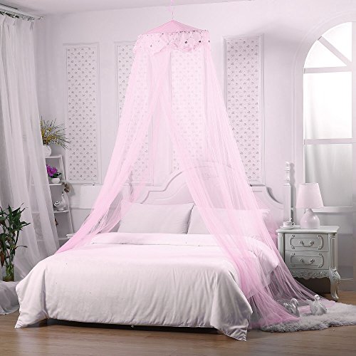 Product Cover Jeteven Girl Bed Canopy Lace Mosquito Net for Girls Bed, Princess Play Tent Reading Nook Round Lace Dome Curtains Baby Kids Games House (Pink)