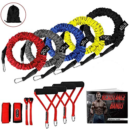 Product Cover Resistance Bands, 15 Pieces Exercise Elastic Bands Set, 20lbs To 40lbs Resistance Tubes Heavy Duty Protective Nylon Sleeves Anti-Snap Fitness SUPALAK