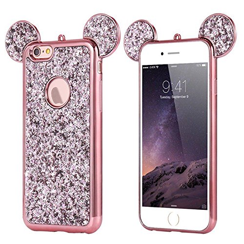 Product Cover AccessoryHappy Glitter Mickey Ears Case, Luxury Protective TPU Bling Crystal Rhinestone Sparkle Glitter Diamond Case Cover Compatible with iPhone 6 & iPhone 6s [4.7