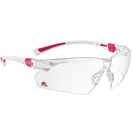 Product Cover NoCry Safety Glasses with Clear Anti Fog Scratch Resistant Wrap-Around Lenses and No-Slip Grips, UV Protection. Adjustable, White & Pink Frames