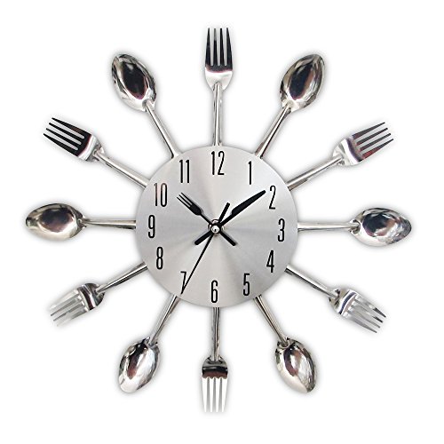Product Cover Timelike Kitchen Wall Clock, 3D Removable Modern Creative Cutlery Kitchen Spoon Fork Wall Clock Mirror Wall Decal Wall Sticker Room Home Decoration (Sliver)
