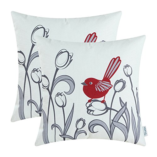 Product Cover CaliTime Pack of 2 Soft Canvas Throw Pillow Covers Cases for Girls Couch Sofa Hand Drawing Cute Bird with Gray Sweet Tulip Floral Print 18 X 18 Inches Dark Red