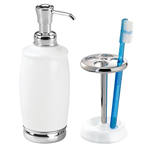 Product Cover InterDesign York Ceramic Soap Dispenser Pump and Toothbrush Holder Stand for Bathroom Countertops - Set of 2, White/Chrome